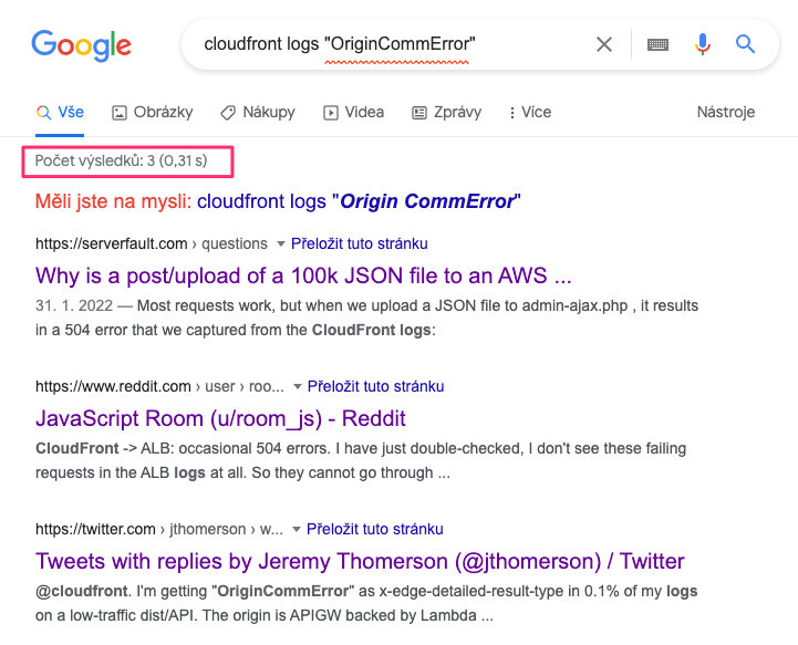 Google search results for 'cloudfront logs OriginCommError'